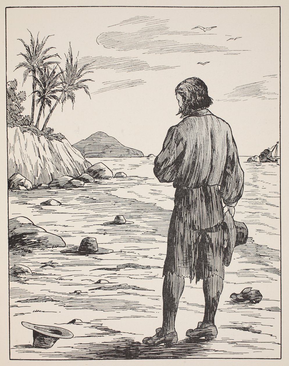 Robinson Crusoe en su isla, ilustración de La historia de Robinson Crusoe: Una adaptación para niños siguiendo el lenguaje de Defoe, pub. por Griffith Farran Browne & Co. Limited, Londres de English School