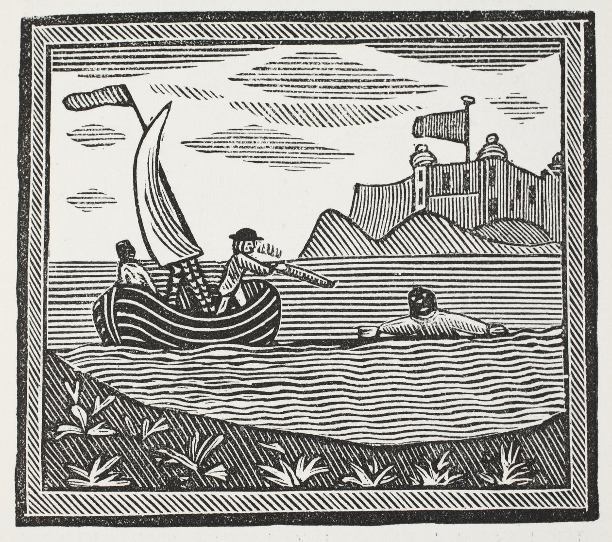 Robinson y Xury escapando de los moros, ilustración de Chap-books del siglo XVIII de John Ashton, pub. 1882 de English School
