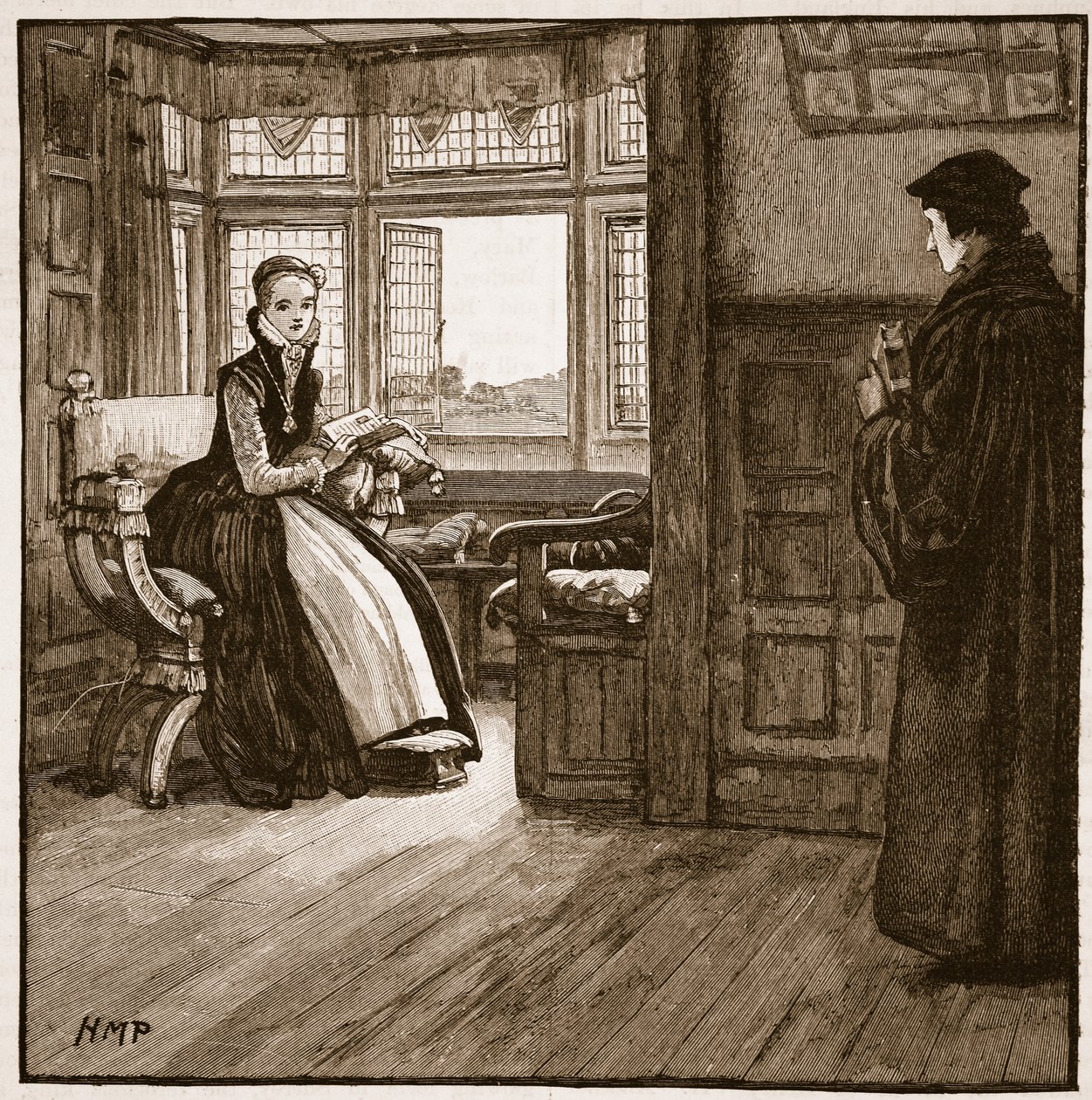Visita de Roger Ascham a Lady Jane Grey, ilustración de la Historia Ilustrada de Inglaterra de Cassell de English School