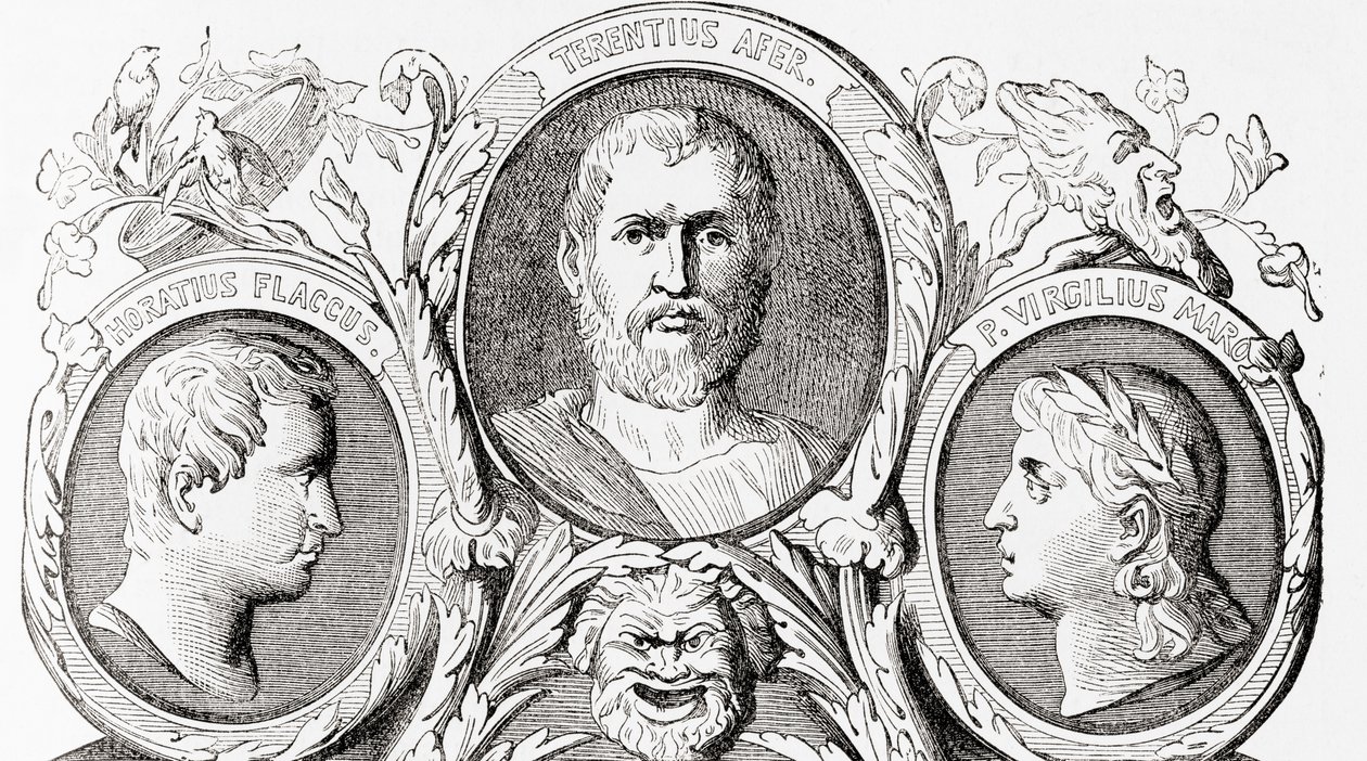 Autores romanos, de izquierda a derecha, Horacio, Terencio y Virgilio, de la Historia Ilustrada del Mundo de Ward y Lock, pub. c.1882 de English School