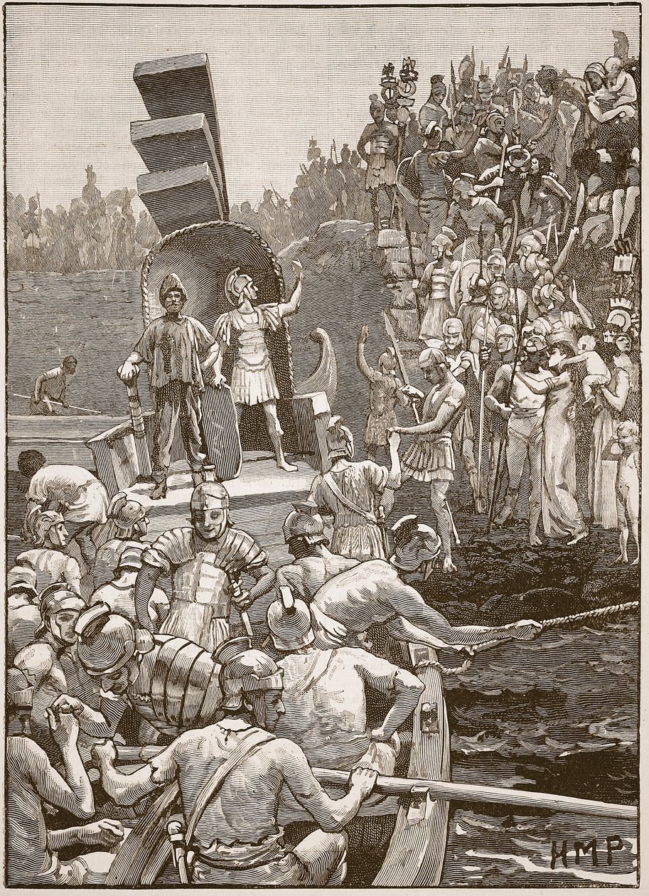 Soldados romanos dejando Gran Bretaña, ilustración de Cassells Illustrated History of England de English School