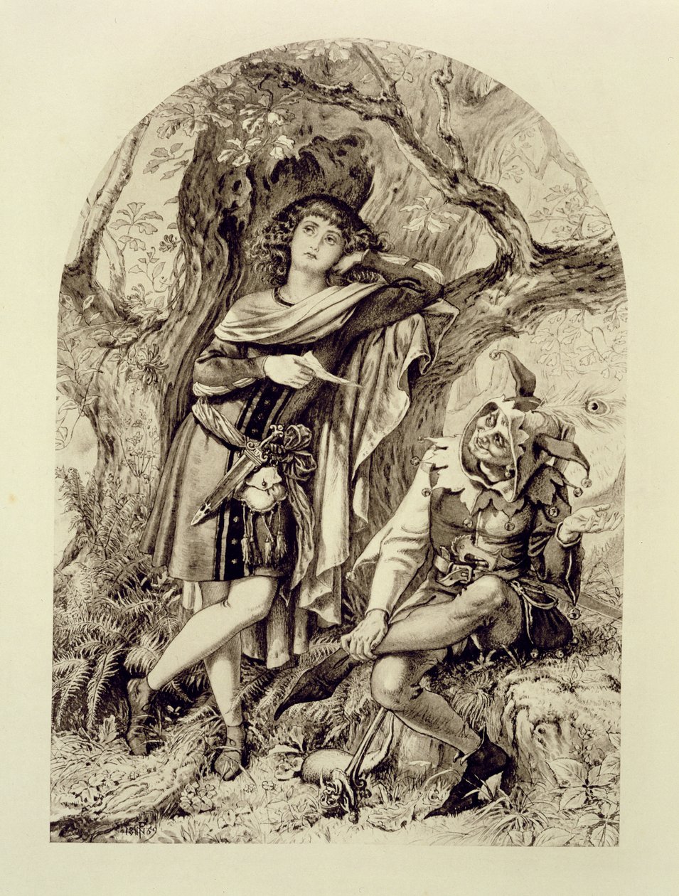 Rosalind y Touchstone, Acto III Escena 2, en Como Gustéis, de William Shakespeare (1564-1616) de English School
