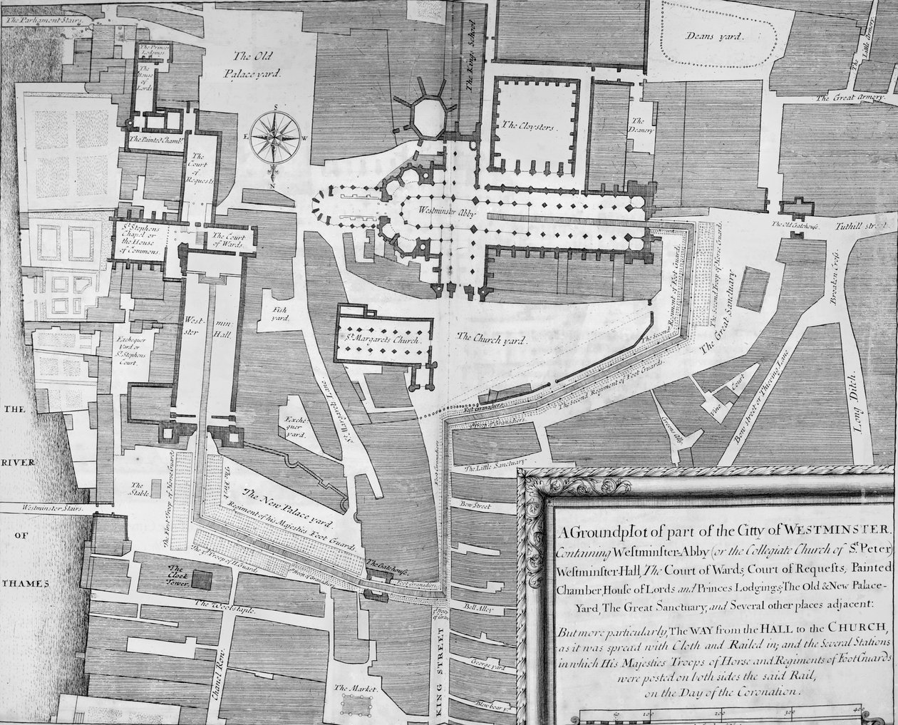 Ruta de la procesión de coronación de Jacobo II desde Westminster Hall hasta la Abadía de Westminster de English School