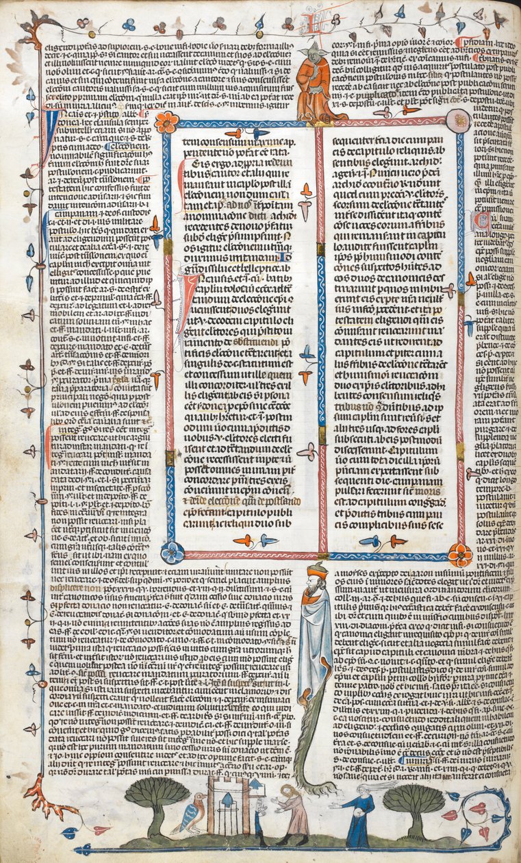 Royal 10 E. IV, f.30v, Texto y escena de bas-de-page de un hombre y una mujer fuera de un edificio, de 