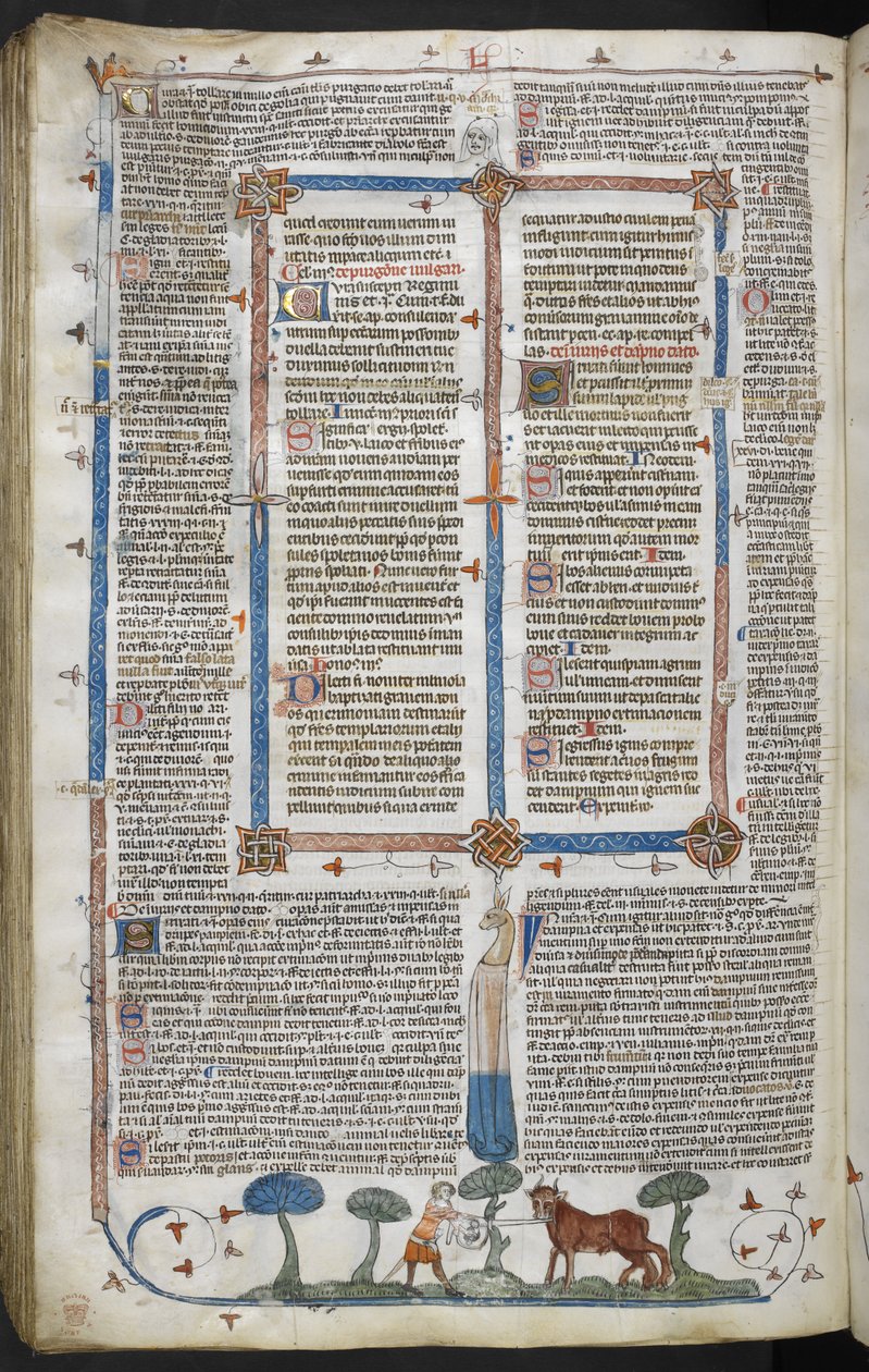 Real 10 E IV fol. 294v Hombre atacando a un buey, de los Decretos de Smithfield (Decretos de Gregorio IX) c.1340 (vitela) de English School