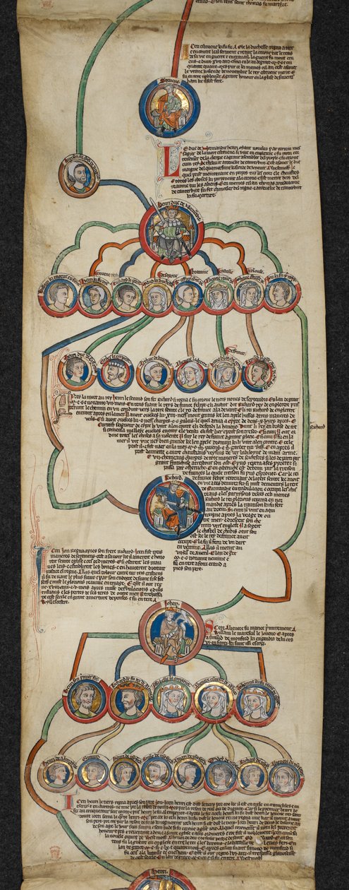 Royal 14 B. VI, Membrane 6, The Royal Genealogy from Steven to John, ilustración del 