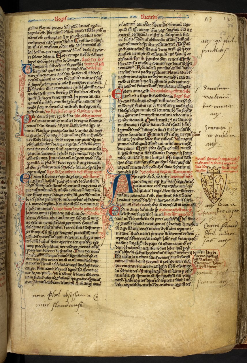 Real 14 C.VII ff.86v Decoración fronteriza con escudo de armas de Ricardo Corazón de León, ilustración de 