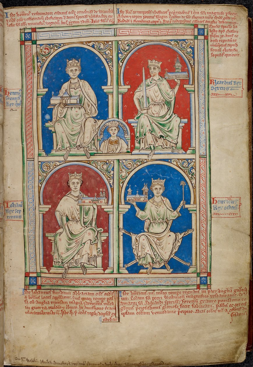 Real 14 C. VII, f.9 Cuatro reyes de Inglaterra: Enrique II, Ricardo I, Juan y Enrique III con la Abadía de Westminster, de 