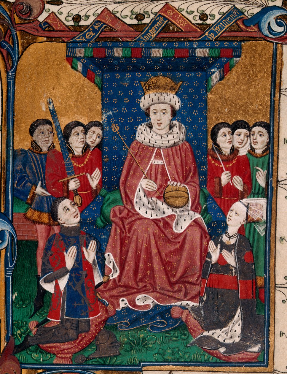 Real 18 D. II fol.6, el rey Eduardo IV rodeado de cortesanos con Sir William Herbert y su mujer, Anne Devereux vestidos con ropas decoradas con sus escudos, arrodillados ante él (libro 1) de English School