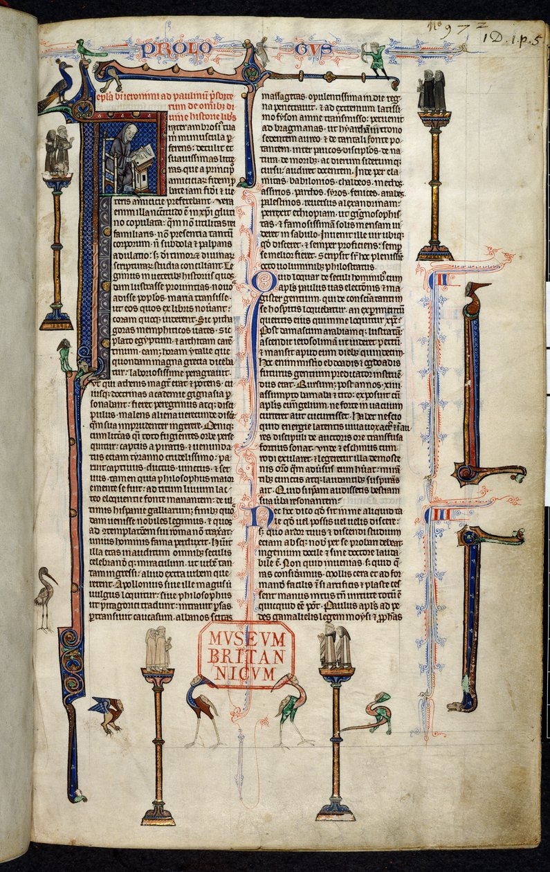 Real 1 D I, f.1r, Jerónimo, frailes sobre columnas, de la Biblia de Guillermo de Devon (vitela) de English School