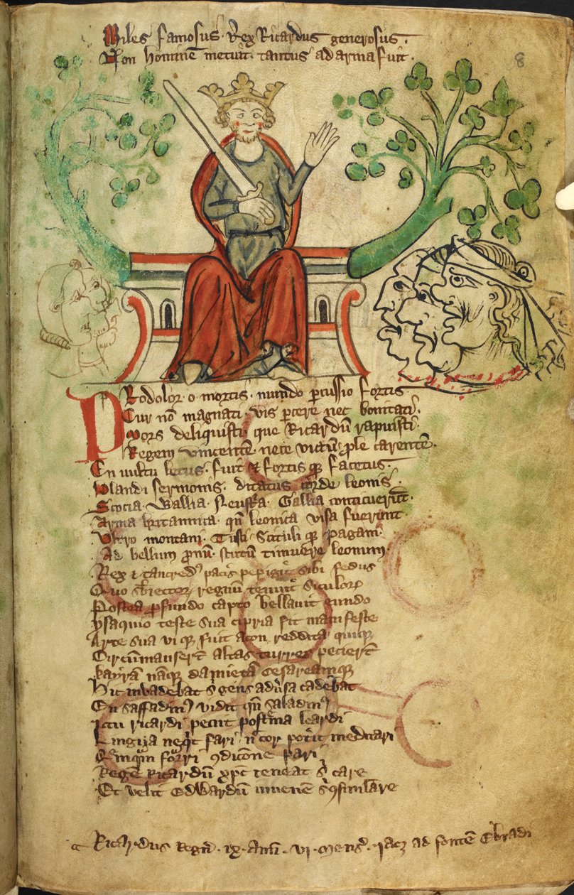 Real 20 A. II f.8 Rey Ricardo I con espada, en su trono, ilustración de la "Crónica de Inglaterra", de Peter de Langtoft (vitela) de English School