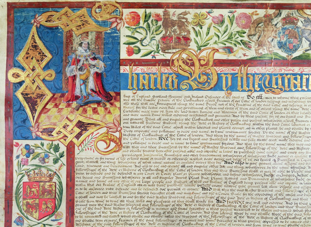 Carta real para la Compañía de Fabricantes de Paños en el reinado de Carlos II (1630-85) (detalle) de English School