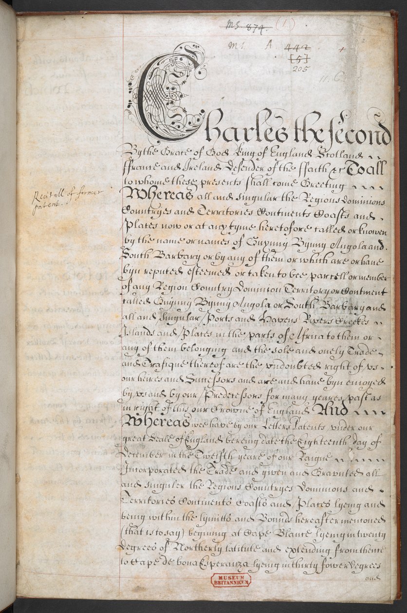 Carta Real otorgada a la Compañía de Aventureros Mercantes Ingleses Reales que comercian con África de English School