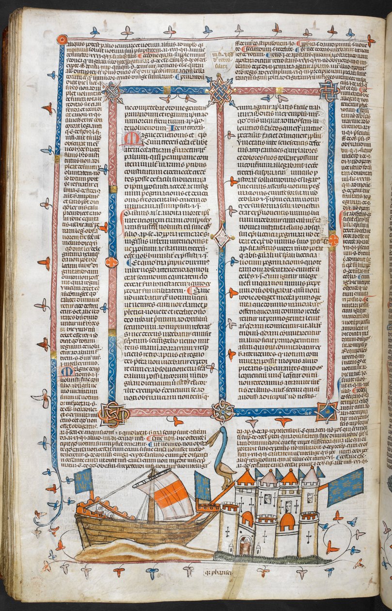 Royal MS 10 IV f.208v Ataque naval y decoración marginal, ilustración de 