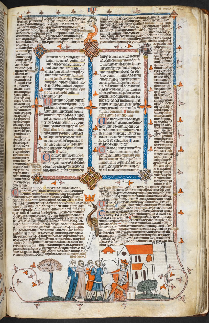 Royal MS 10 IV f.240r King defendiendo su palacio y decoración marginal, ilustración de 