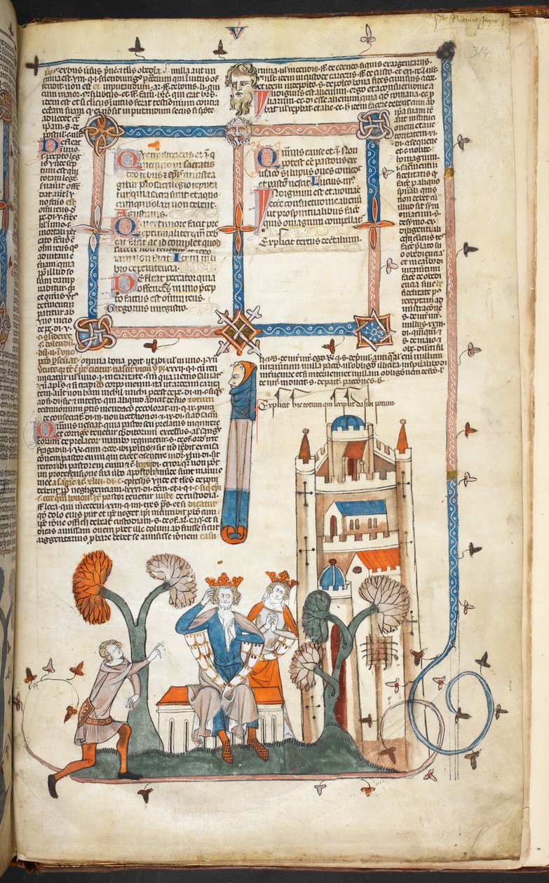 Royal MS 10 IV f.314r El rey, la reina y su castillo con decoración marginal, ilustración de 