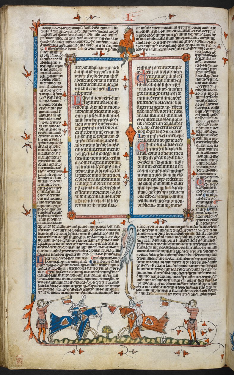 Royal MS 10 iv f.065v Knights Jousting con decoración marginal, ilustración de 