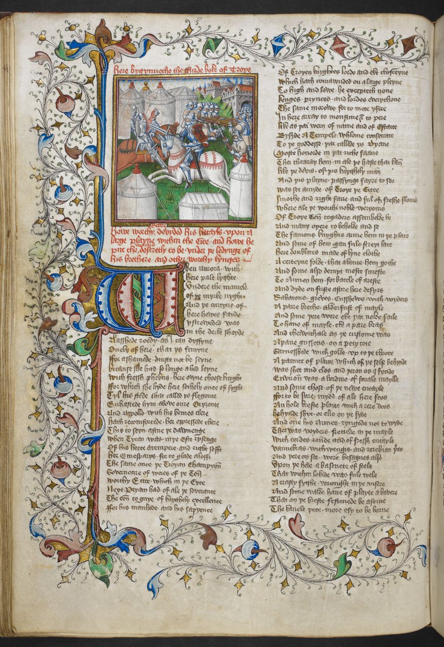 Real MS 18 D II, f.66v, Miniatura de Héctor matando a Patroculus, con una inicial iluminada "W"(hen) y un borde parcial foliado, del Libro de Troya de John Lydgate, c.1457-60 (vitela) de English School