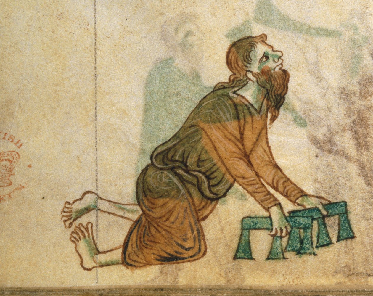 Royal Ms 13 B VIII fol.30v Un lisiado arrastrándose sobre sus rodillas, de 