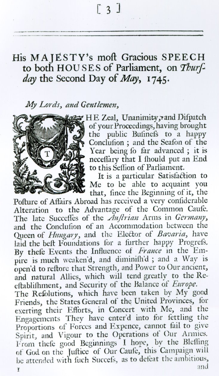 Discurso real a ambas cámaras del Parlamento, 2 de mayo de 1745 (grabado) de English School