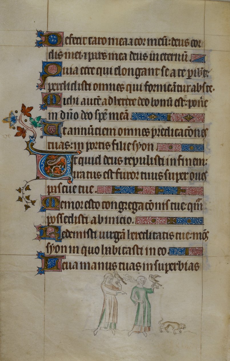Royal ms 2_B VII f.177v Bas-de-page escena de dos mujeres que llevan halcones y un pequeño perro delante de ellas, con una inicial habitada, ilustración del 