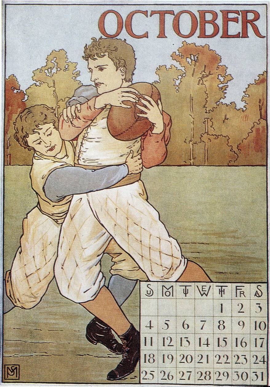 Jugadores de rugby - calendario inglés, c. 1895 de English School