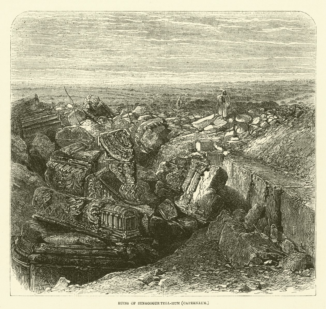 Ruinas de la sinagoga Tell-Hum (Cafarnaún) (grabado) de English School