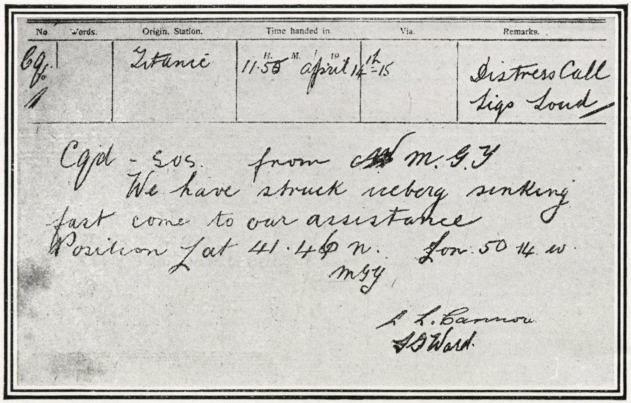 Mensaje SOS recibido por el vapor ruso, Birma, unos cinco minutos después de que el Titanic chocara con un iceberg el 15 de abril de 1912, de "The Sphere", 04 de mayo de 1912 de English School