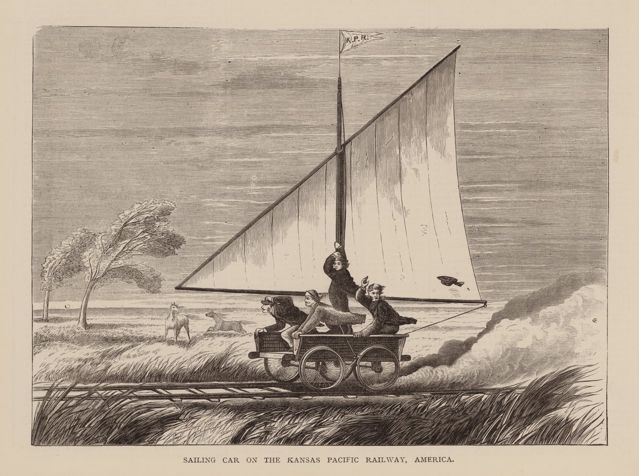 Coche de vela en el ferrocarril Kansas Pacific, América (grabado) de English School