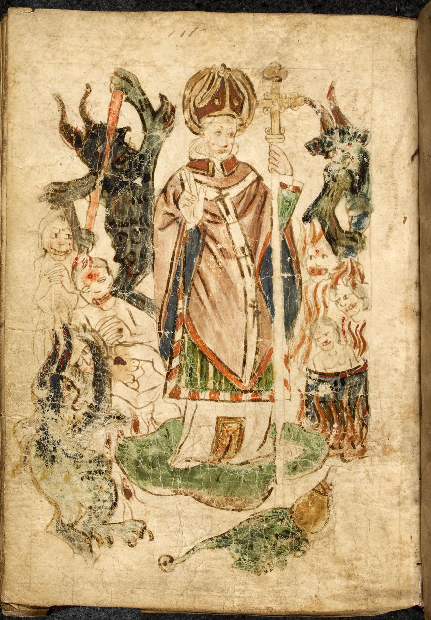 San Patricio, vestido de obispo, sosteniendo un crucifijo y haciendo un gesto de bendición, se encuentra en la isla de Lough Derg, Donegal (Irlanda), rodeado de demonios y almas atormentadas. Imagen tomada del "Purgatorio de San Patricio", manuscrito inglé de English School
