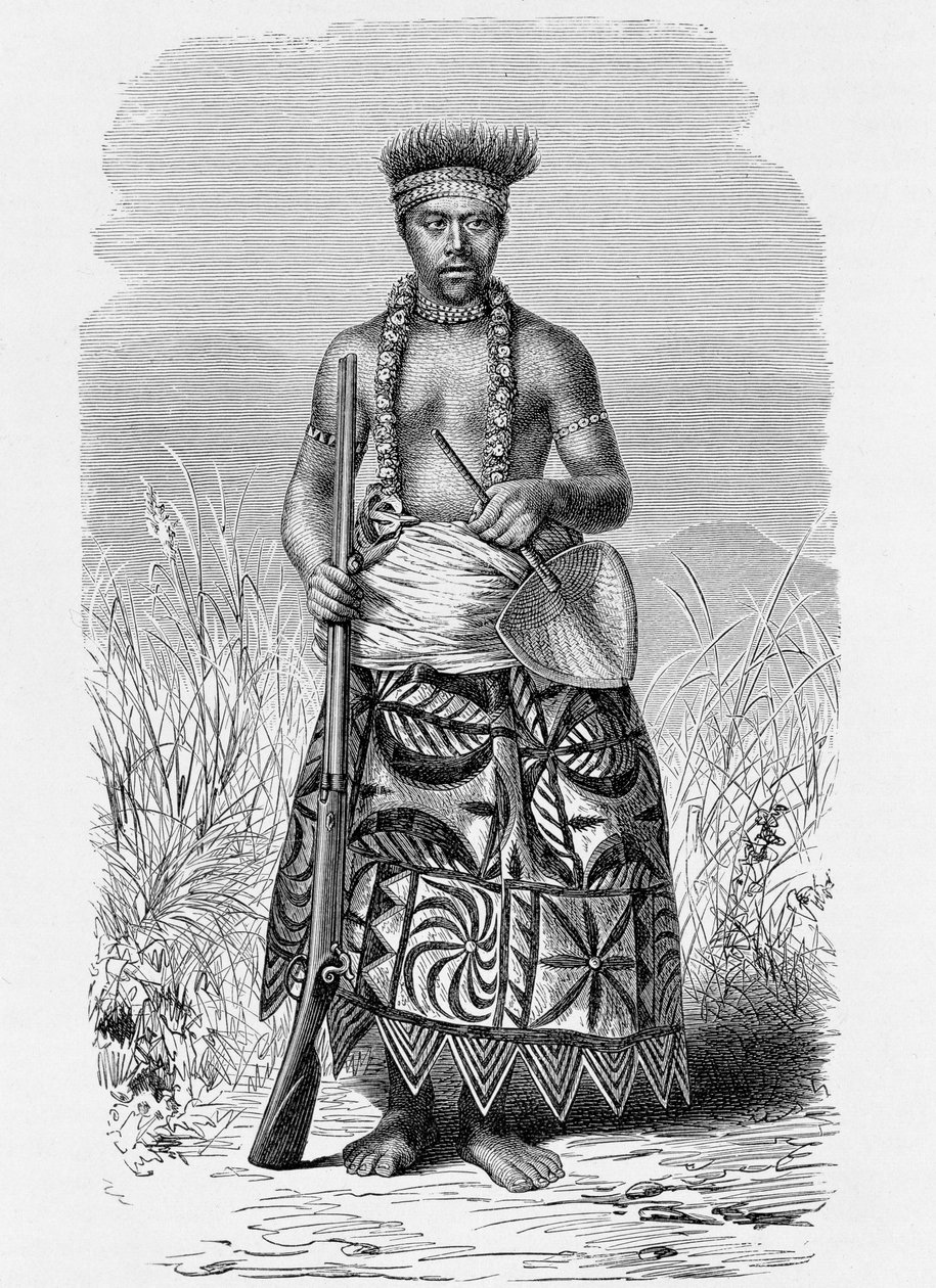 Guerrero samoano con ropa de tapa, de 