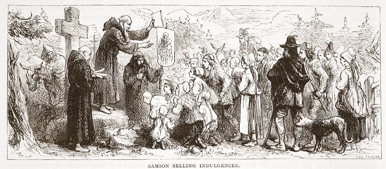 Sansón vendiendo indulgencias, ilustración de La Historia del Protestantismo de James Aitken Wylie, pub. 1878 de English School