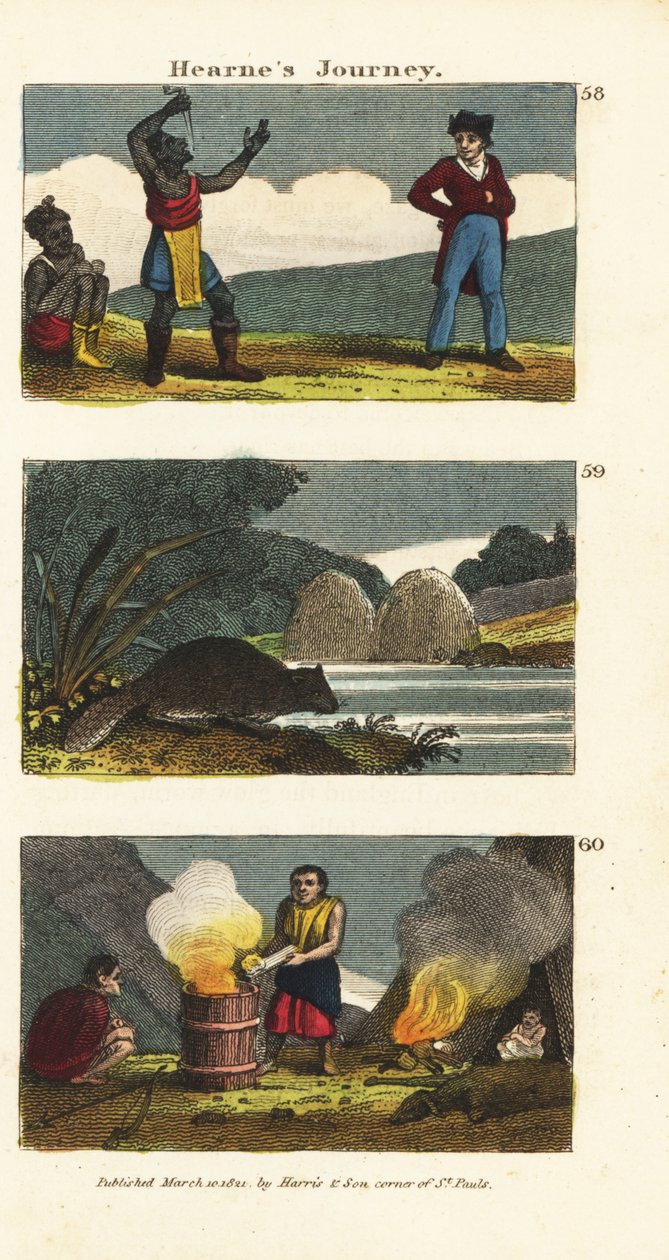 Samuel Hearne observando a un tragasables nativo americano, castor norteamericano, Castor canadensis, e indios hirviendo agua en un barril de madera con piedras calientes de English School
