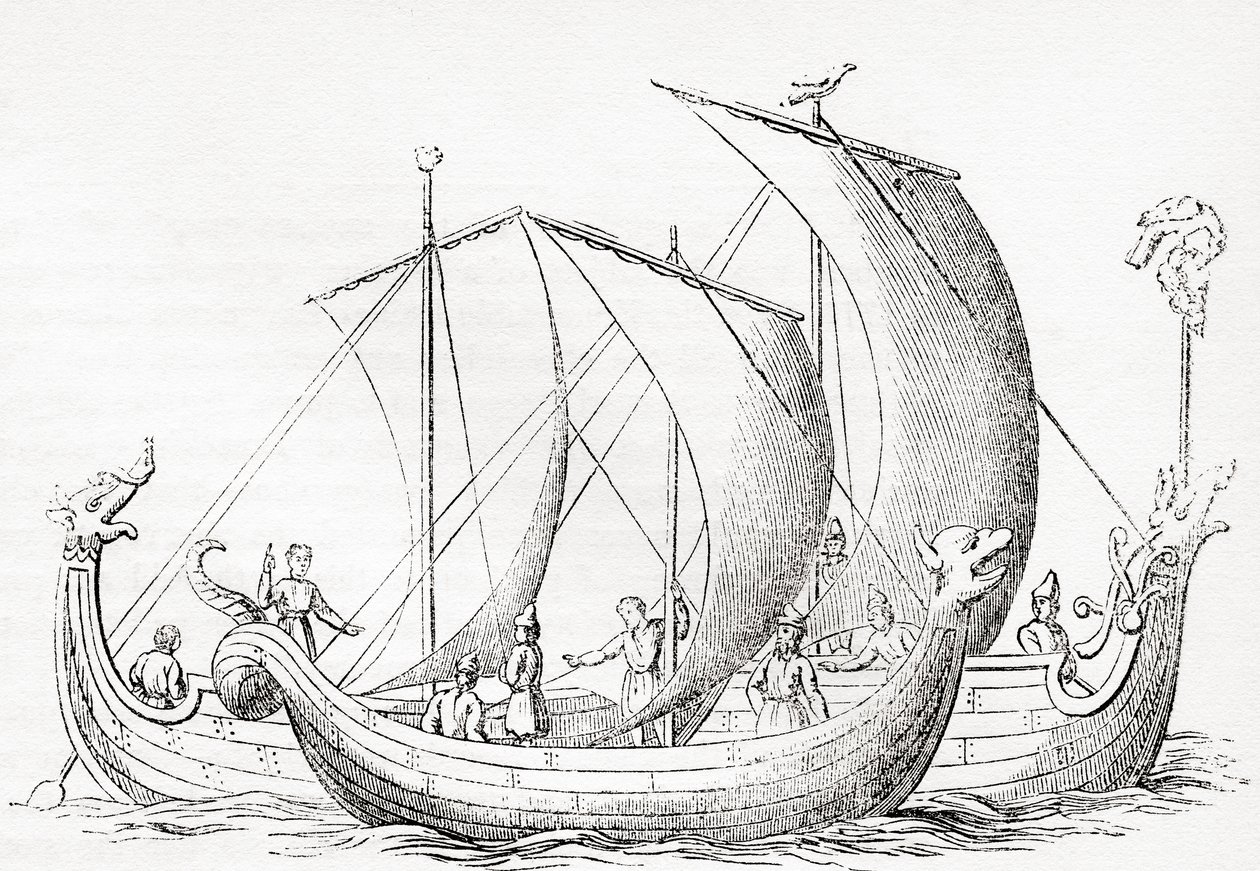 Barcos sajones, después de un grabado en la Crónica de Inglaterra de Strutt, de Old England: A Pictorial Museum, pub. 1847 de English School