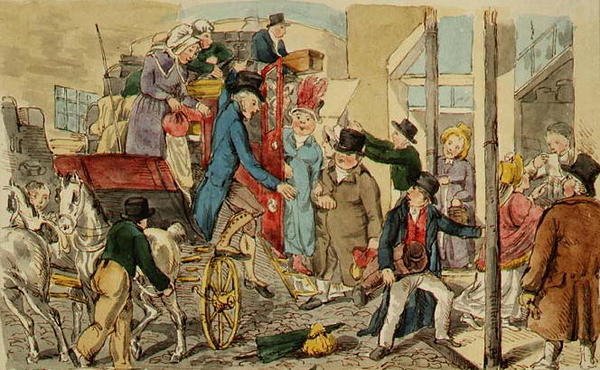 Escena en un patio de posada, la llegada de un carruaje, c.1820 de English School