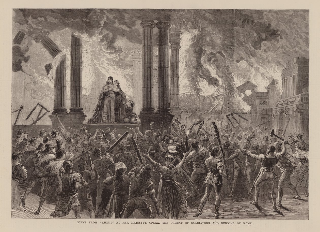 Escena de "Rienzi" en la Ópera de Su Majestad, El combate de los gladiadores y la quema de Roma, Richard Wagner (grabado) de English School