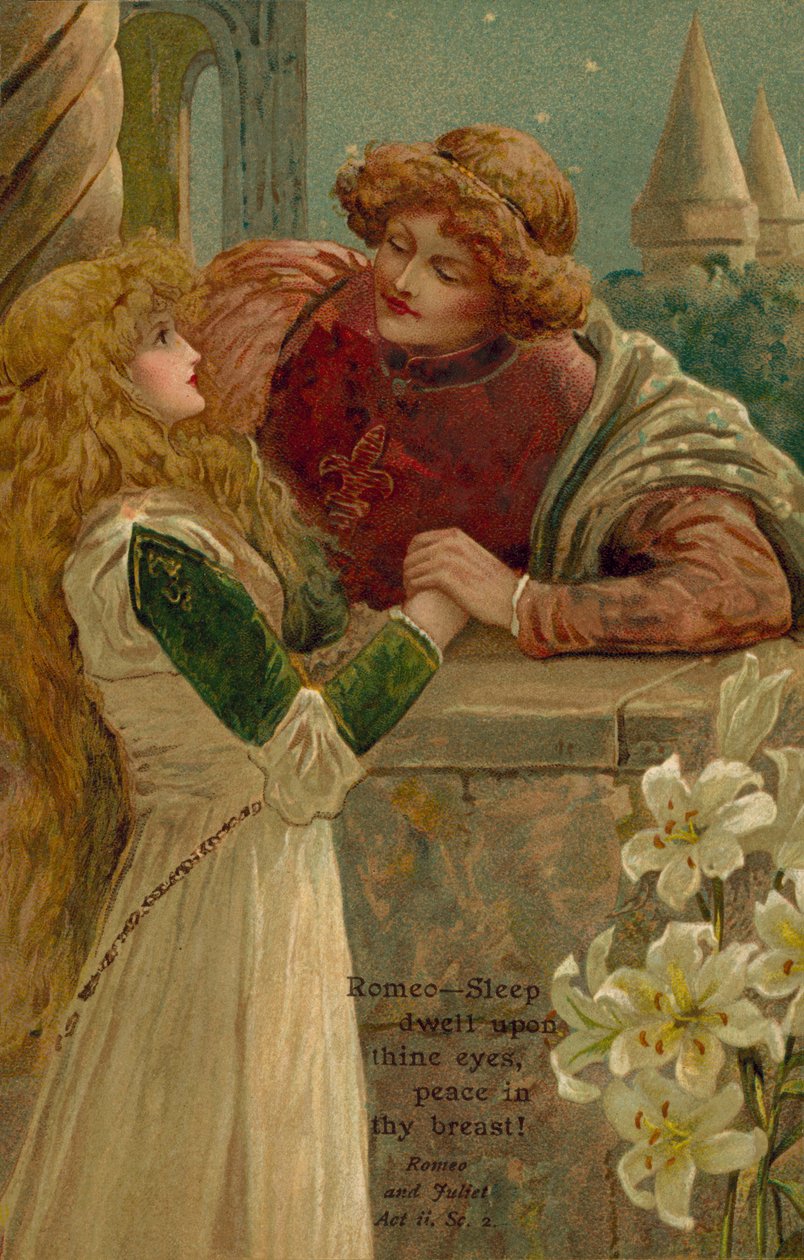 Escena de Romeo y Julieta de William Shakespeare (litografía en color) de English School