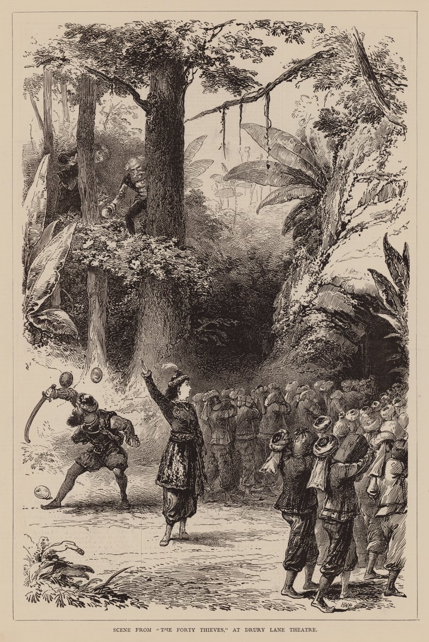 Escena de "Los cuarenta ladrones", en el teatro Drury Lane (grabado) de English School
