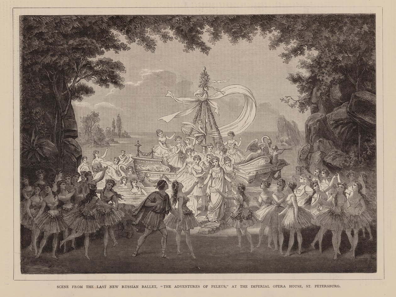 Escena del último nuevo ballet ruso, "Las aventuras de Peleo", en la Ópera Imperial de San Petersburgo (grabado) de English School