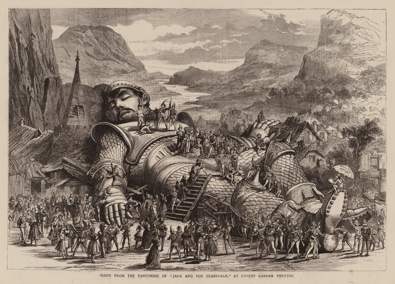Escena de la pantomima "Jack y las habichuelas", en el teatro Covent Garden (grabado) de English School