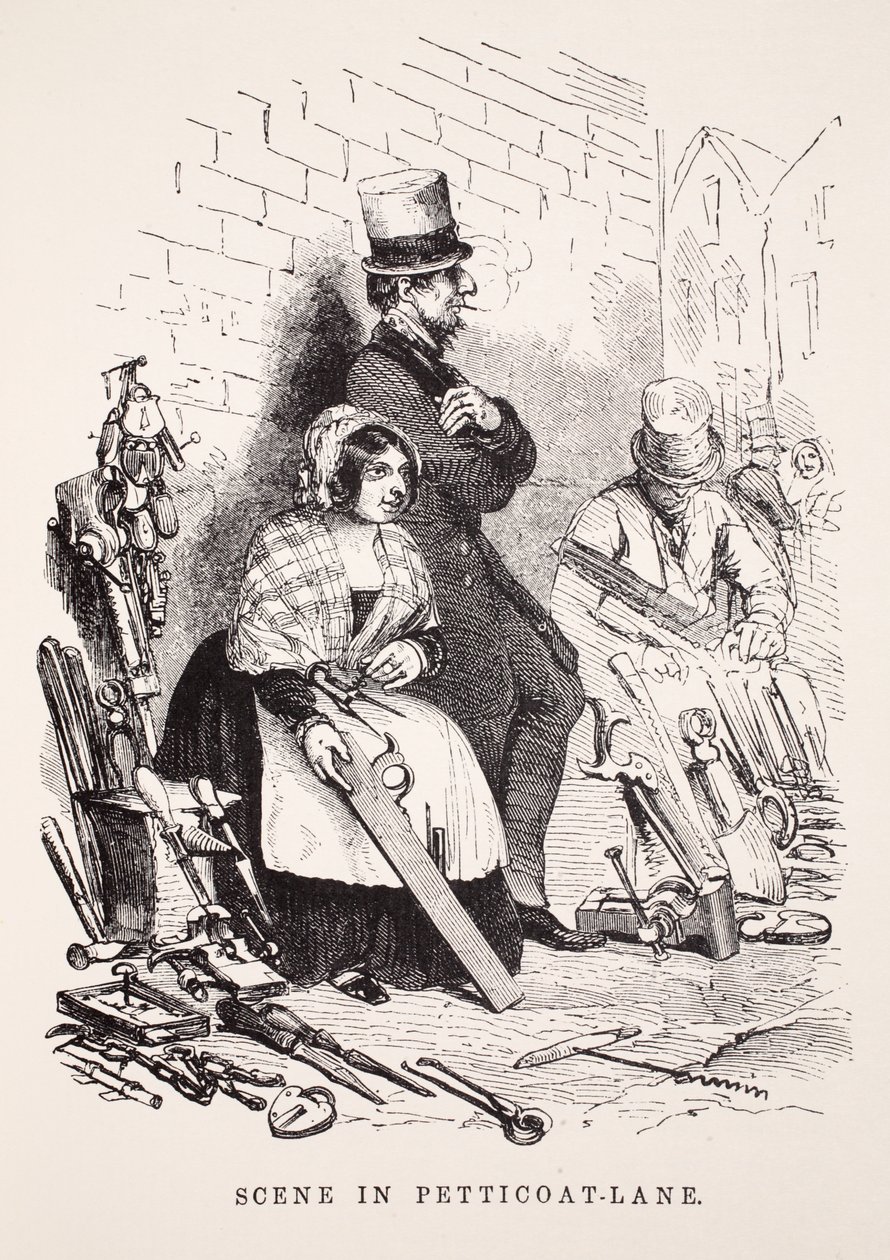 Escena en Petticoat-Lane, ilustración de London Labour and London Poor por Henry Mayhew, pub. 1862 de English School