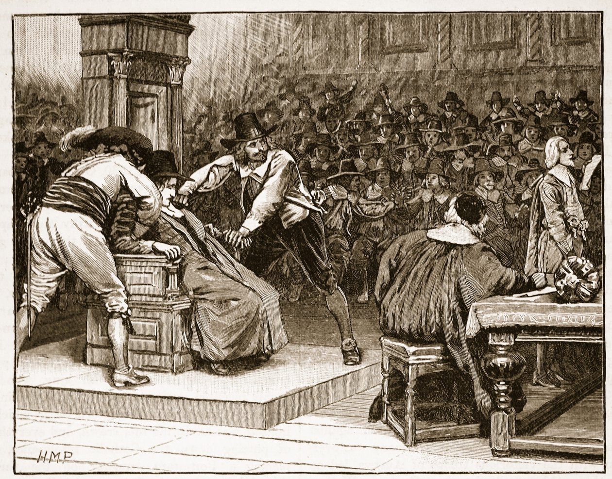 Escena en la Cámara de los Comunes: el presidente coaccionado, ilustración de la Historia Ilustrada de Inglaterra de Cassell de English School