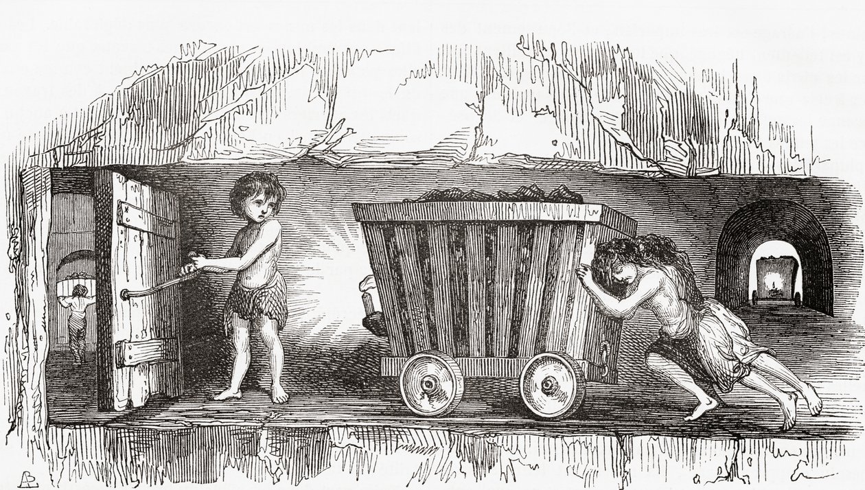 Escena dentro de una mina de carbón inglesa, principios del siglo XIX de English School