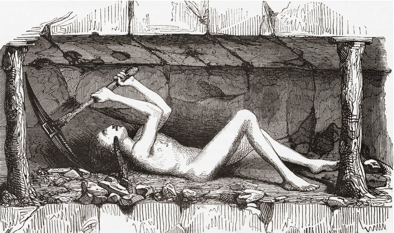 Escena en el interior de una mina de carbón inglesa, principios del siglo XIX (grabado) de English School