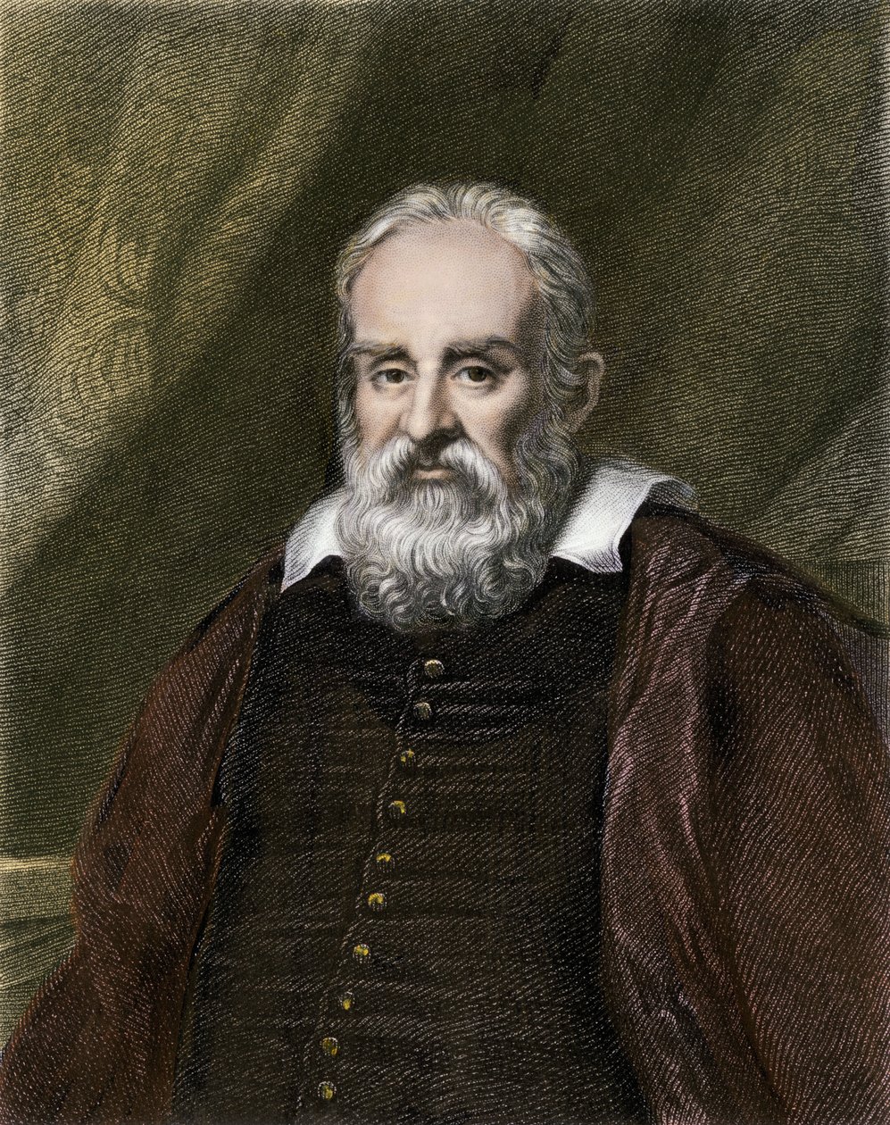 Ciencias y científicos: Retrato de Galileo Galilei de Galilea, astrónomo italiano (1564-1642). Grabado en color. de English School