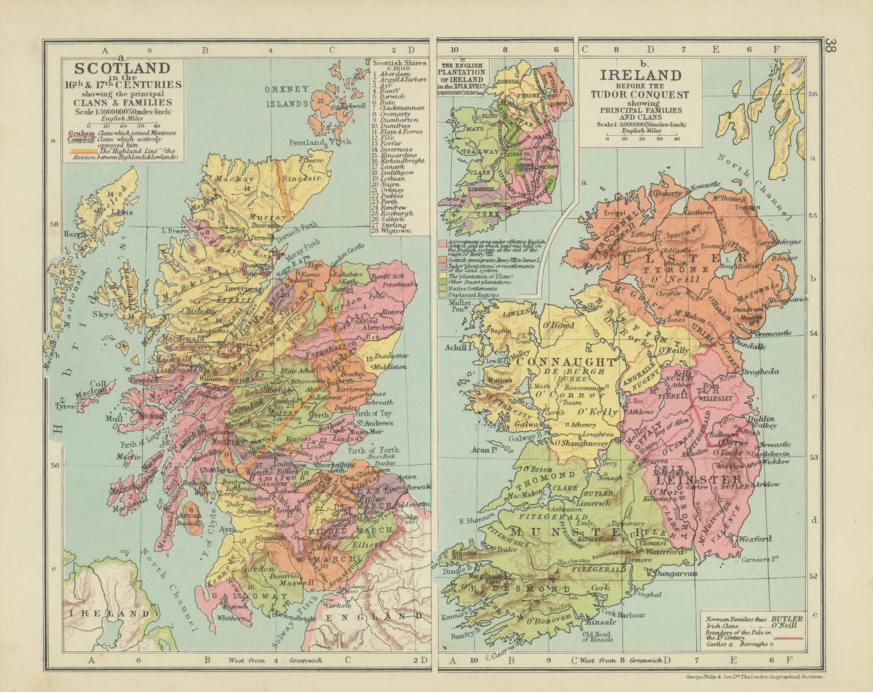 Escocia en los siglos XVI y XVII, con los principales clanes y familias (litografía en color) de English School