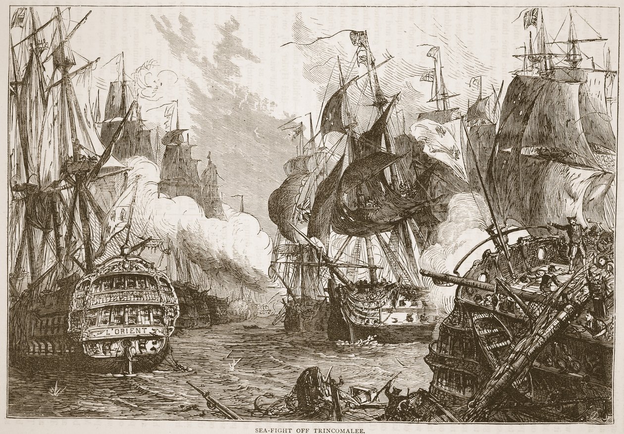 Combate naval frente a Trincomalee, ilustración de Cassells Illustrated History of India de James Grant, pub. 1879 de English School
