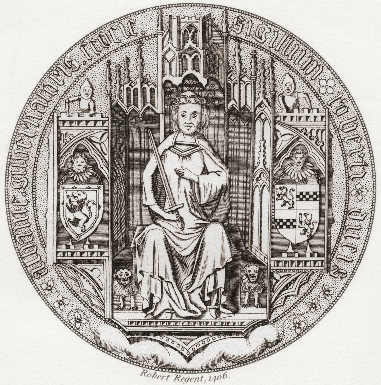 Sello de Robert Stewart, duque de Albany, c. 1340 1420. Miembro de la casa real escocesa, regente, gobernador de Escocia, duque de Albany, conde de Fife y Menteith. De Iconographia Scotica or Portraits of Illustrious Persons of Scotland, publicado en 1797. de English School