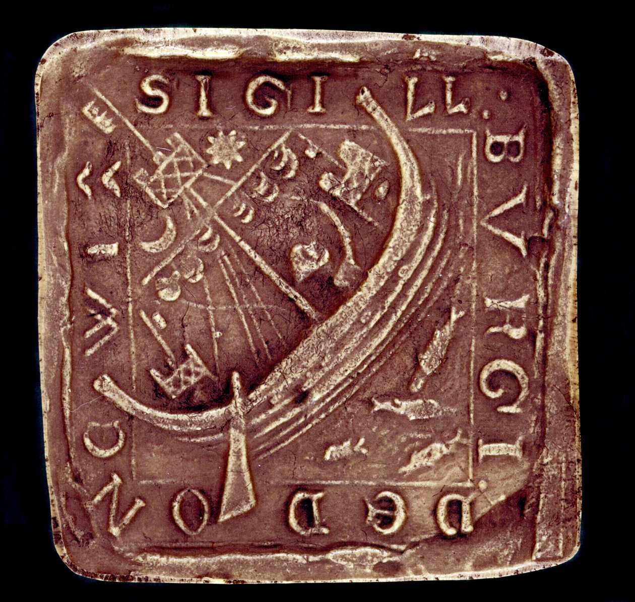 Sello de la Ciudad de Dunwich en Suffolk. Un barco está representado en un mar agitado, probablemente aludiendo a las tormentas que destruyeron parte de la ciudad en 1286 y 1347. Siglo XIV. París, Archivo Nacional de English School