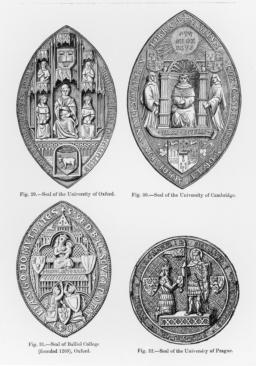 Sellos de la Universidad de Oxford, Cambridge, Balliol College, Oxford y Universidad de Praga, ilustración de Ciencia y Literatura en la Edad Media y el Renacimiento, escrito por Paul Lacroix de English School
